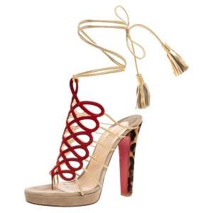 مملوكة مسبقًا Christian Louboutin Red Suede and Animal Print Calf Hair Heel Tie Up Sandals Size 41