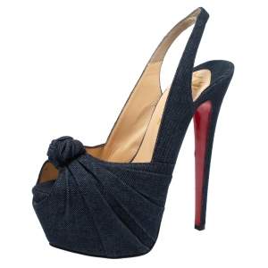مملوكة مس بقًا Christian Louboutin Blue Denim Miss Benin Peep Toe Platform Pumps Size 38.5
