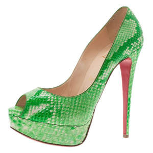 حذاء كريستيان لوبوتان ليدي مقدمة مرتفعة مفتوحة جلد ثعبان أخضر مقاس 37