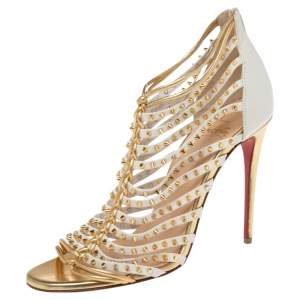 Christian Louboutin White/Gold Spiked Leather Millaclou Cage Sandals Size 37.5