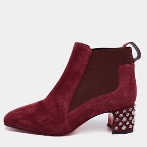 مملوكة مسبقًا Christian Louboutin Burgundy Suede Study Spike Ankle Boots Size 38.5