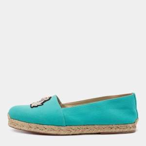 Pre Owned Christian Louboutin Aqua Blue Canvas Gala Embroidered Crest Espadrille Loafers Size 40