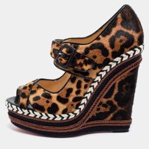 Christian Louboutin Brown/Beige Leopard Print Calf Hair And Leather Melides Wedge Sandals Size 41