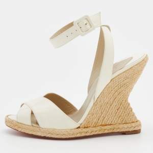 Christian Louboutin White Patent Leather Almeria Espadrille Wedge Sandals Size 37