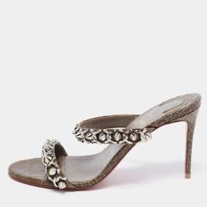 Christian Louboutin Olive Green Crocodile Embossed Leather Just Chain Slide Sandals Size 37