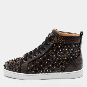 Pre Owned Christian Louboutin Dark Brown Embossed Snakeskin Louis Orlato Amazonia Spike High Top Sneakers Size 39