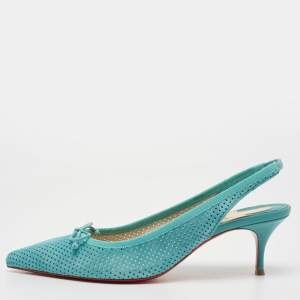Christian Louboutin Blue Perforated Leather Hall Slingback Pumps Size 37.5