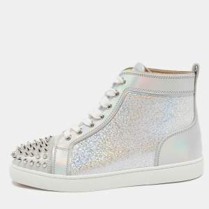 Christian Louboutin Silver Leather Lou Spikes High Top Sneakers Size 37
