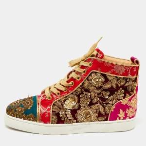 Christian Louboutin x Sabyasachi Mukherjee Multicolor Embroidered Velvet and Jacquard Fabric Hi Top Sneakers Size 38
