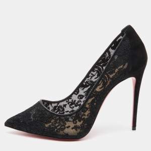 Christian Louboutin Black Suede and Lace Follies Pointed Toe Pumps Size 38.5
