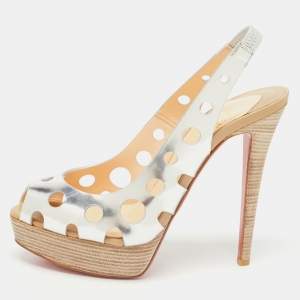 Christian Louboutin Silver Foil Leather Ginza Platform Slingback Sandals Size 38.5