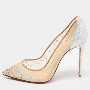 Christian Louboutin Beige/Silver Mesh and Glitter Suede Follies Strass Pumps Size 38.5