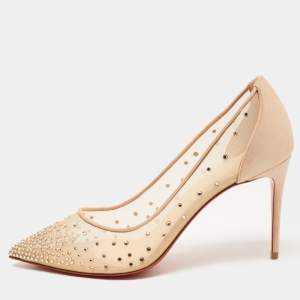 Christian Louboutin Beige Suede Follies Strass Pointed Toe Pumps Size 39