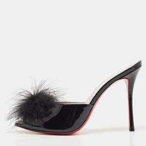 Christian Louboutin Black Patent Leather and Fur Slide Sandals Size 39.5