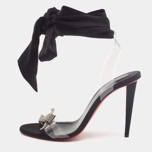 Christian Louboutin Black Satin and PVC Astrinodo Ankle Tie Sandals Size 40