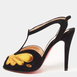 Christian Louboutin Black/Gold Suede Peep Toe Ankle Strap Sandals Size 36