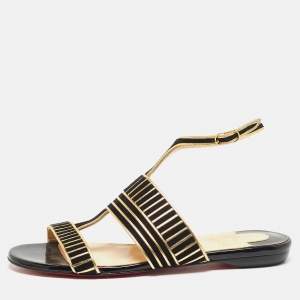 Christian Louboutin Black Suede and Leather Striped Flat Sandals Size 36
