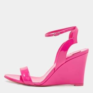 Christian Louboutin Pink Patent Leather Zeppa Chick 85 Wedge Ankle Strap Sandals Size 38
