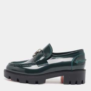 Pre Owned Christian Louboutin Green Patent Leather CL Moc Lug Loafers Size 36.5