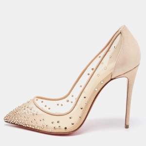 Christian Louboutin Beige Mesh and Suede Follies Strass Pointed Toe Pumps Size 37