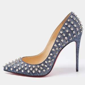 Pre Owned Christian Louboutin Blue Denim Pigalle Follies Spikes Pumps Size 38