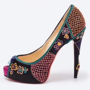 Pre Owned Christian Louboutin Multicolor Embellished Satin Bow Peep Toe Platform Pumps Size 40