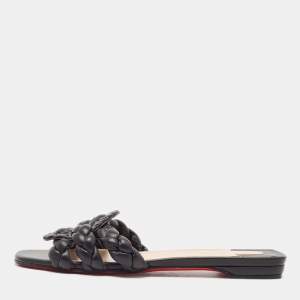 Christian Louboutin Black Woven Leather Marmella  Flat Slides Size 40