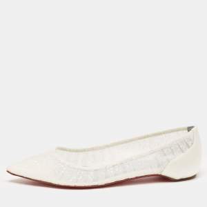 Christian Louboutin White Glitter Tulle Fabric and Satin Kate Ballet Flats Size 36.5 