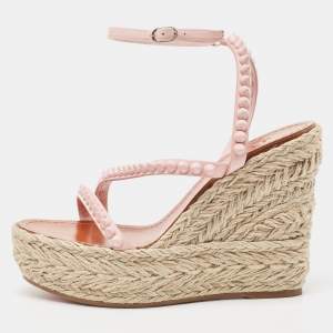 Christian Louboutin Pink Patent Leather Mafaldina Spike Wedge Espadrille Ankle Strap Sandals Size 37