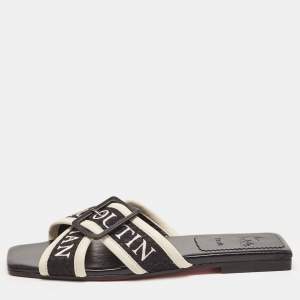 Christian Louboutin Black/White Logo Canvas and Leather Crossimule Flat Slides Size 38.5