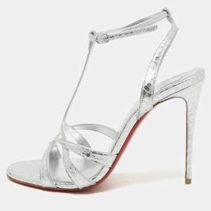 Christian Louboutin Silver Textured Leather Tangueva Sandals Size 39