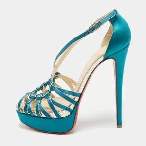 Christian Louboutin Teal Satin Knotted Strappy Platform Sandals Size 39