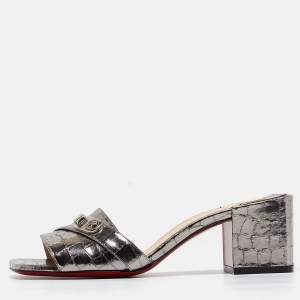 Christian Louboutin Silver Croc Embossed Slides Mules Size 36