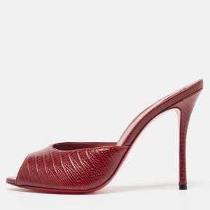 Christian Louboutin Burgundy Embossed Lizard Me Dolly Sandals Size 38.5