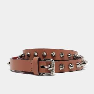 Christian Louboutin Beige Leather Spike Slim Buckle Belt 70CM