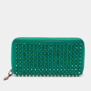 Christian Louboutin Green Leather Spike Studded Zip Continental Wallet