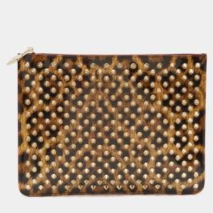 Christian Louboutin Brown Leopard Print Patent Leather Spikes Zip Pouch Clutch