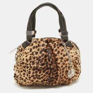 Christian Louboutin Brown Leopard Print Calfhair and Leather Pleated Satchel