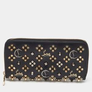 Christian Louboutin Black Leather Spike Panettone Zip Around Wallet