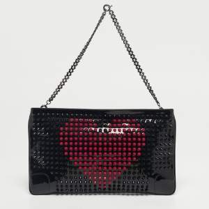 مملوكة مسبقًا Christian Louboutin Black/Red Patent Leather Loubiposh Valentine Spike Chain Clutch