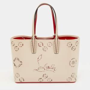 مملوكة مسبقًا Christian Louboutin Cabata Small Beige Perforated Leather Spikes Shopper Tote