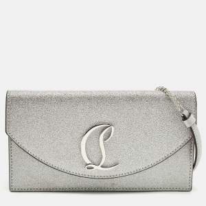 Pre Owned Christian Louboutin Loubi54 Silver Glitter Leather Clutch Bag