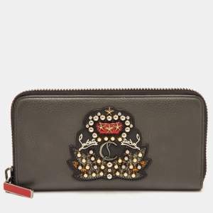 Pre Owned Christian Louboutin Panettone Dark Grey Leather Studded Zip Around Wallet
