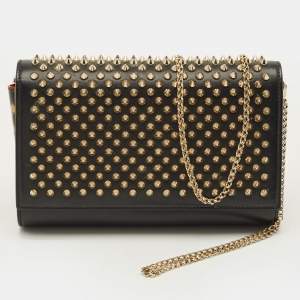 Pre Owned Christian Louboutin Paloma Spike Black Leopard Print Patent and Leather Shoulder Bag