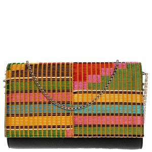 Christian Louboutin Black/Multicolor Leather and Embroidered Fabric Paloma Chain Clutch