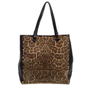 Christian Louboutin Black/Brown Leopard Print Calfhair and Leather Spike Panettone Tote