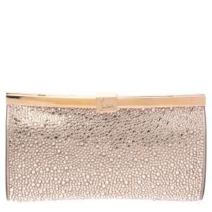 Christian Louboutin Metallic Rose Gold Leather Crystal Embellished Palmette Clutch 