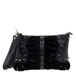 Christian Louboutin Black Suede and Leather Spiked Wristlet Clutch