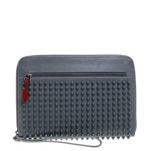 Christian Louboutin Grey Leather Spike Zip Wristlet Clutch