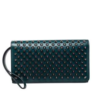 Christian Louboutin Green Leather Paloma Spike Wristlet Clutch